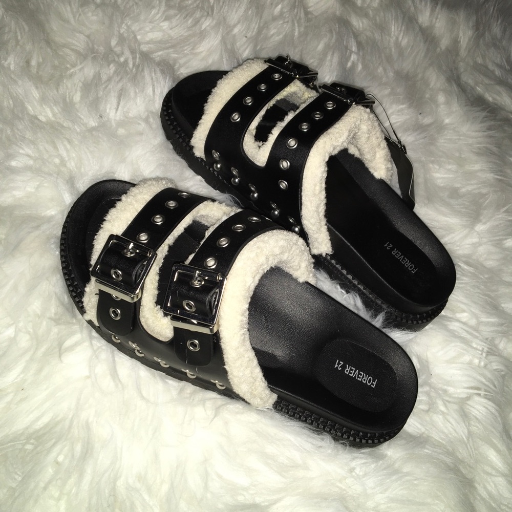 F21 Shearling Slides